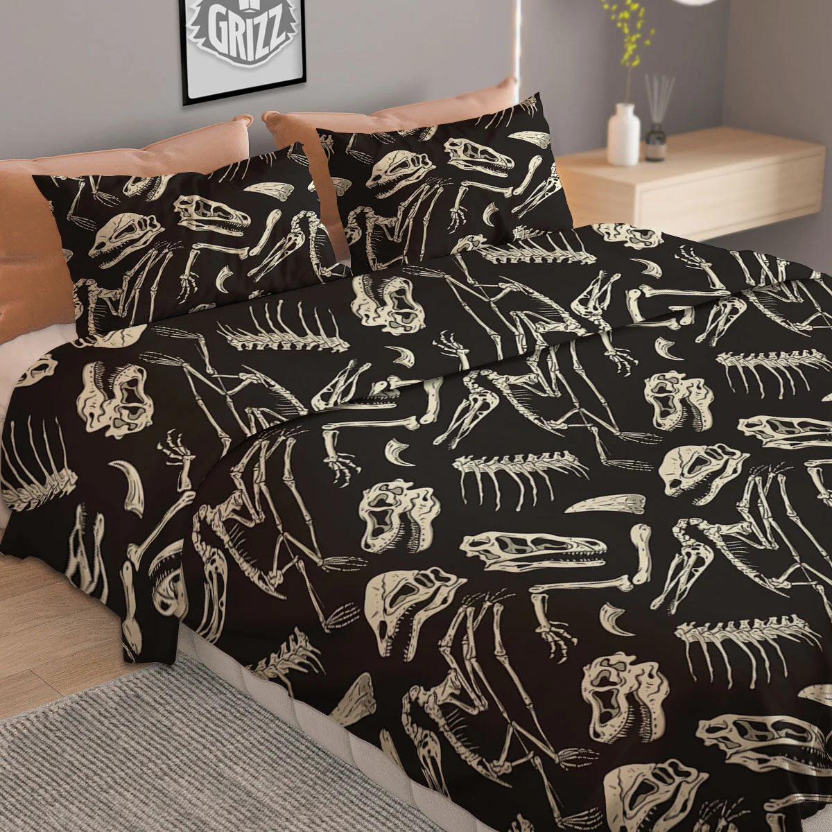 Fossil Dinosaur Monochrome Print Pattern Duvet Cover Bedding Set - Image 2