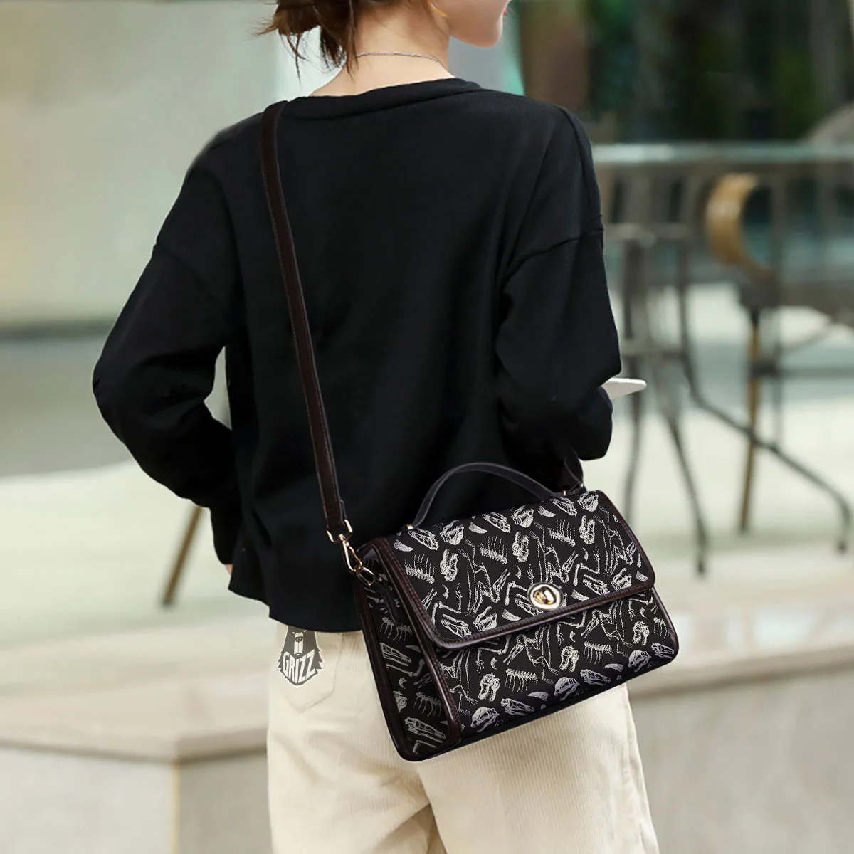 Fossil Dinosaur Monochrome Print Pattern Women's Satchel Bag - Image 3