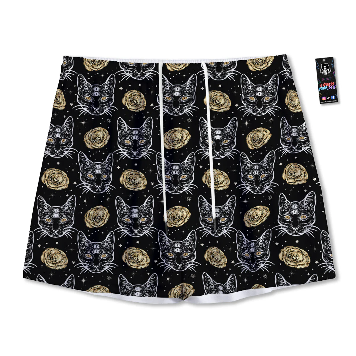 Four Eyed Cat And Roses Gold Print Pattern Mesh Shorts
