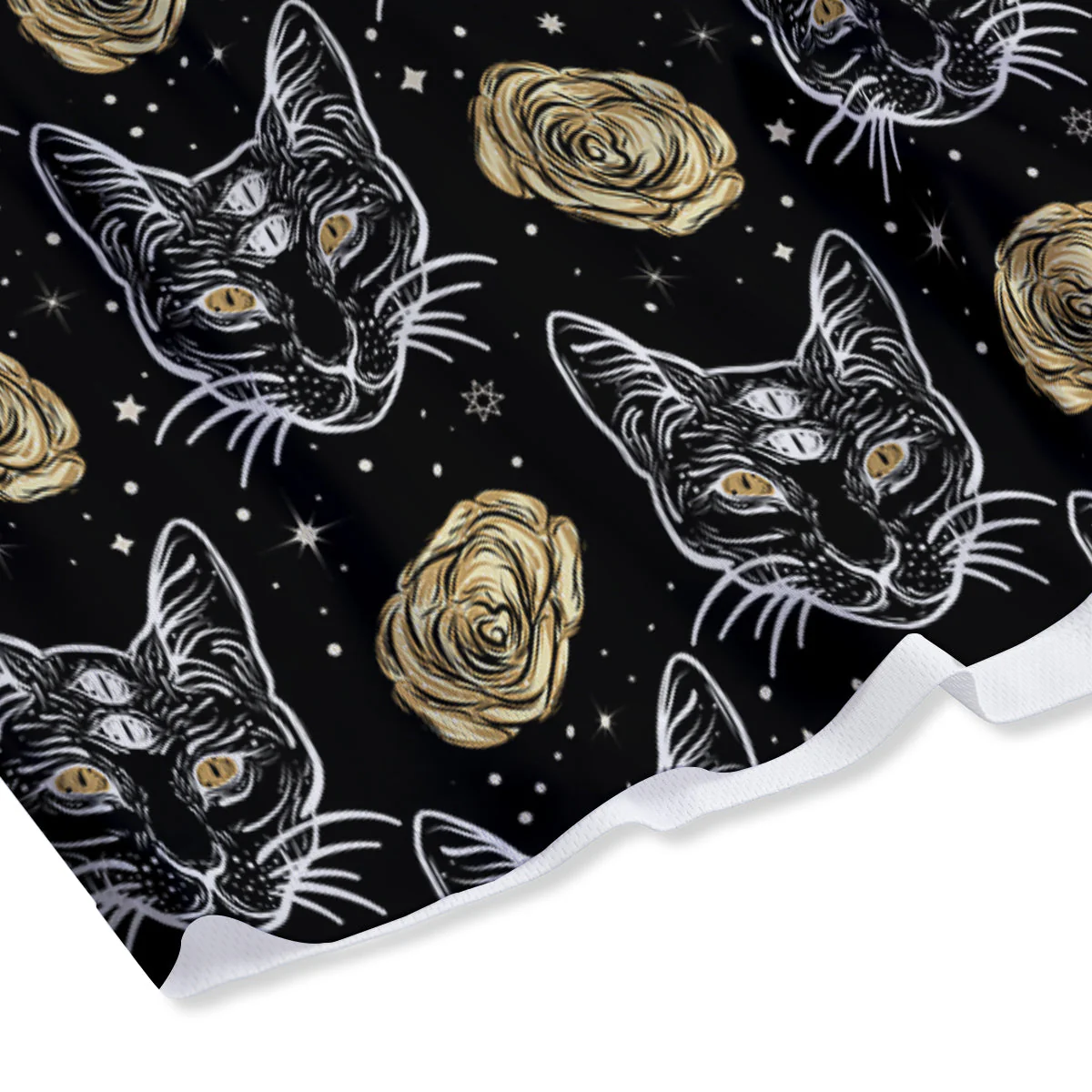 Four Eyed Cat And Roses Gold Print Pattern Mesh Shorts - Image 4