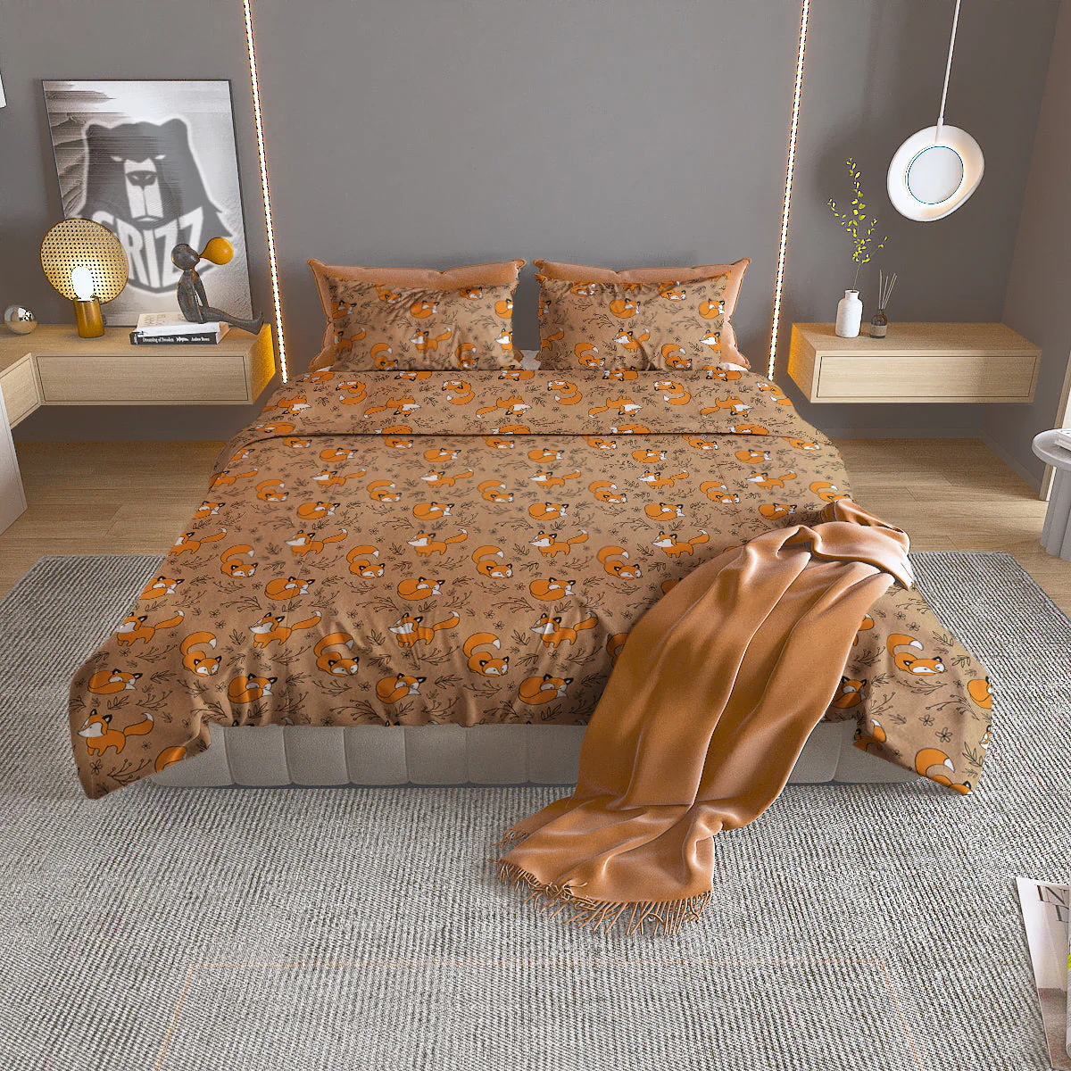 Fox Cartoon Print Pattern Duvet Cover Bedding Set