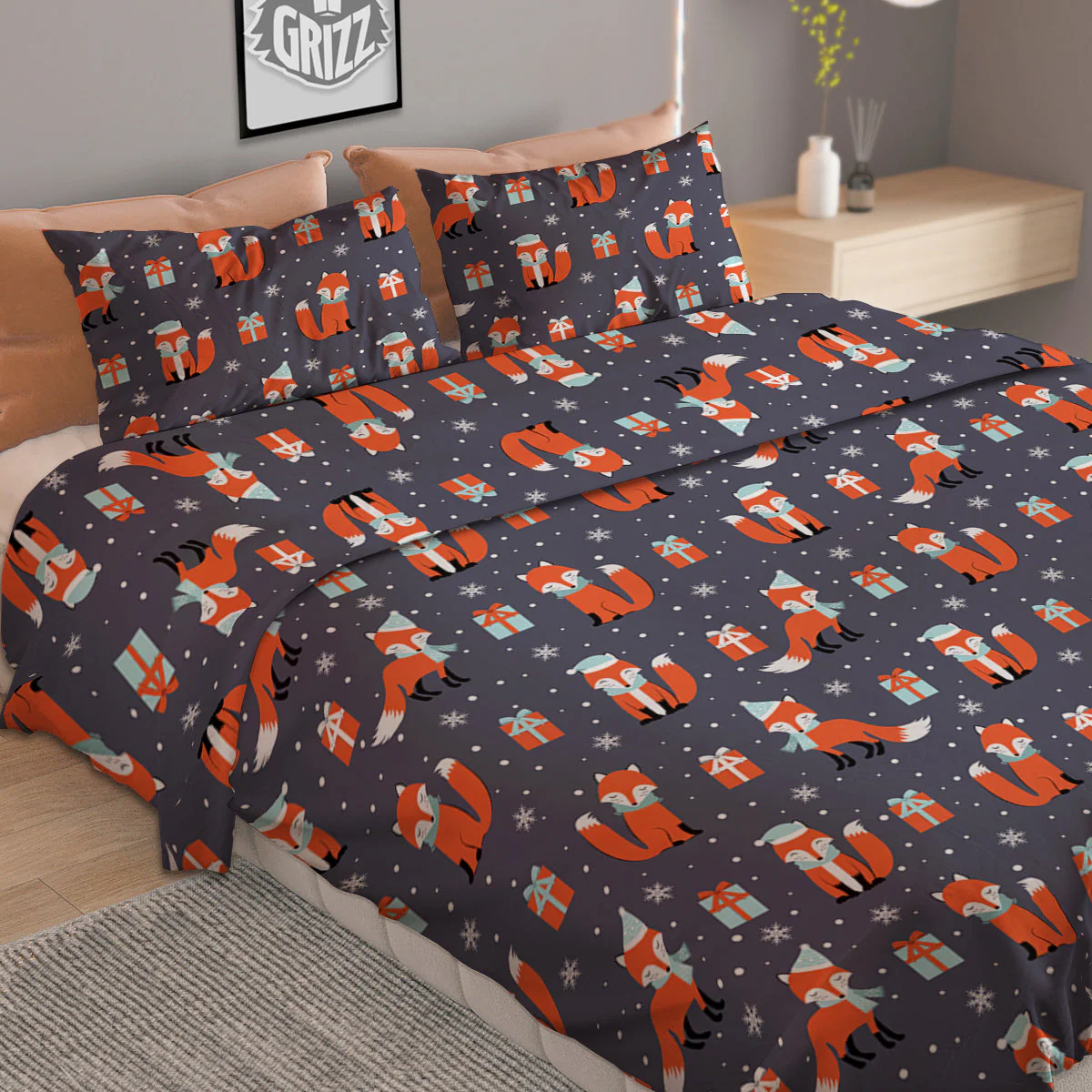 Fox Christmas Print Pattern Duvet Cover Bedding Set - Image 2