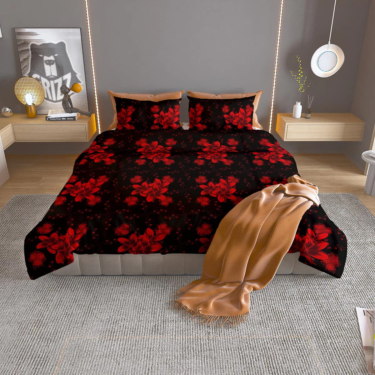 Frangipani Black And Red Print Pattern Duvet Cover Bedding Set