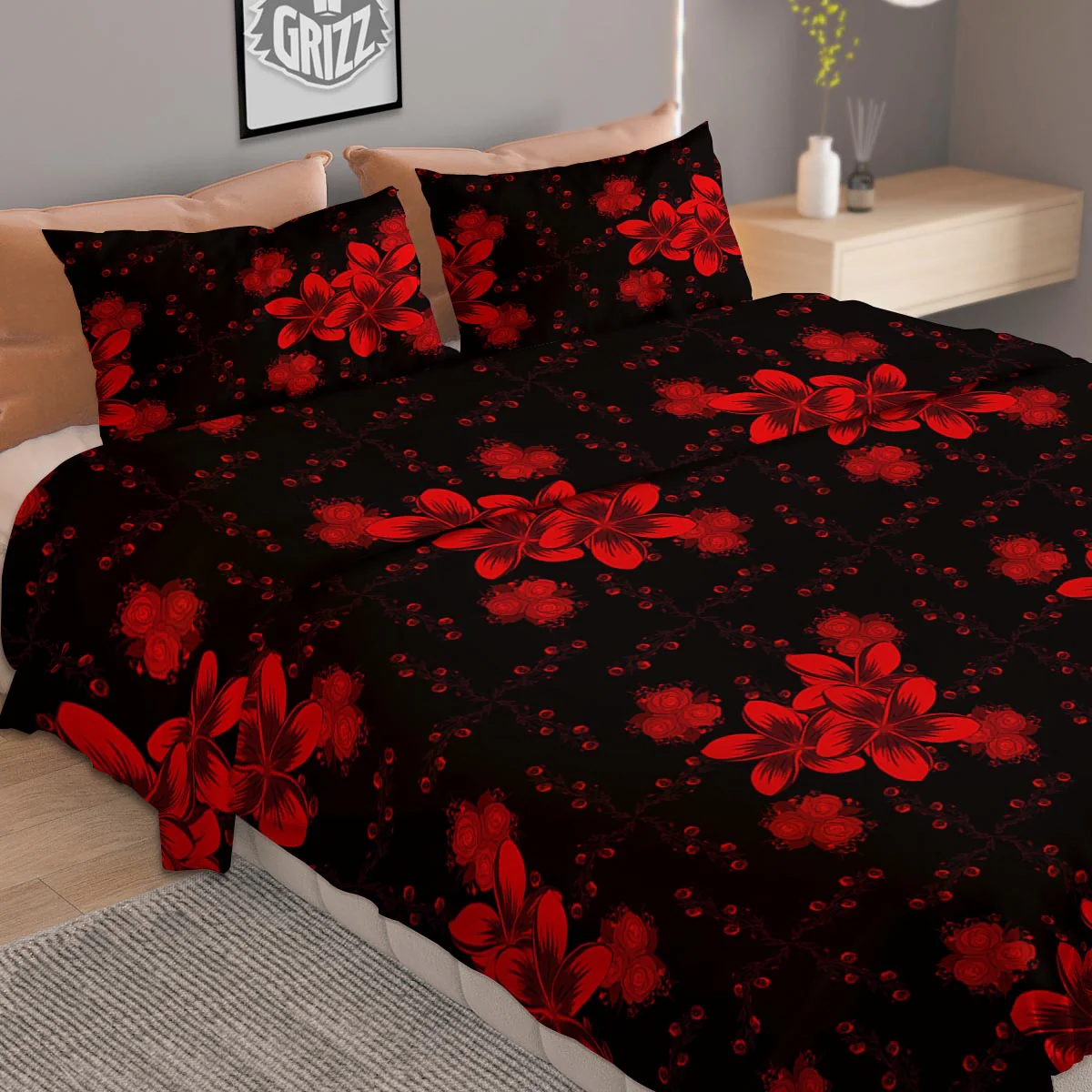 Frangipani Black And Red Print Pattern Duvet Cover Bedding Set - Image 2
