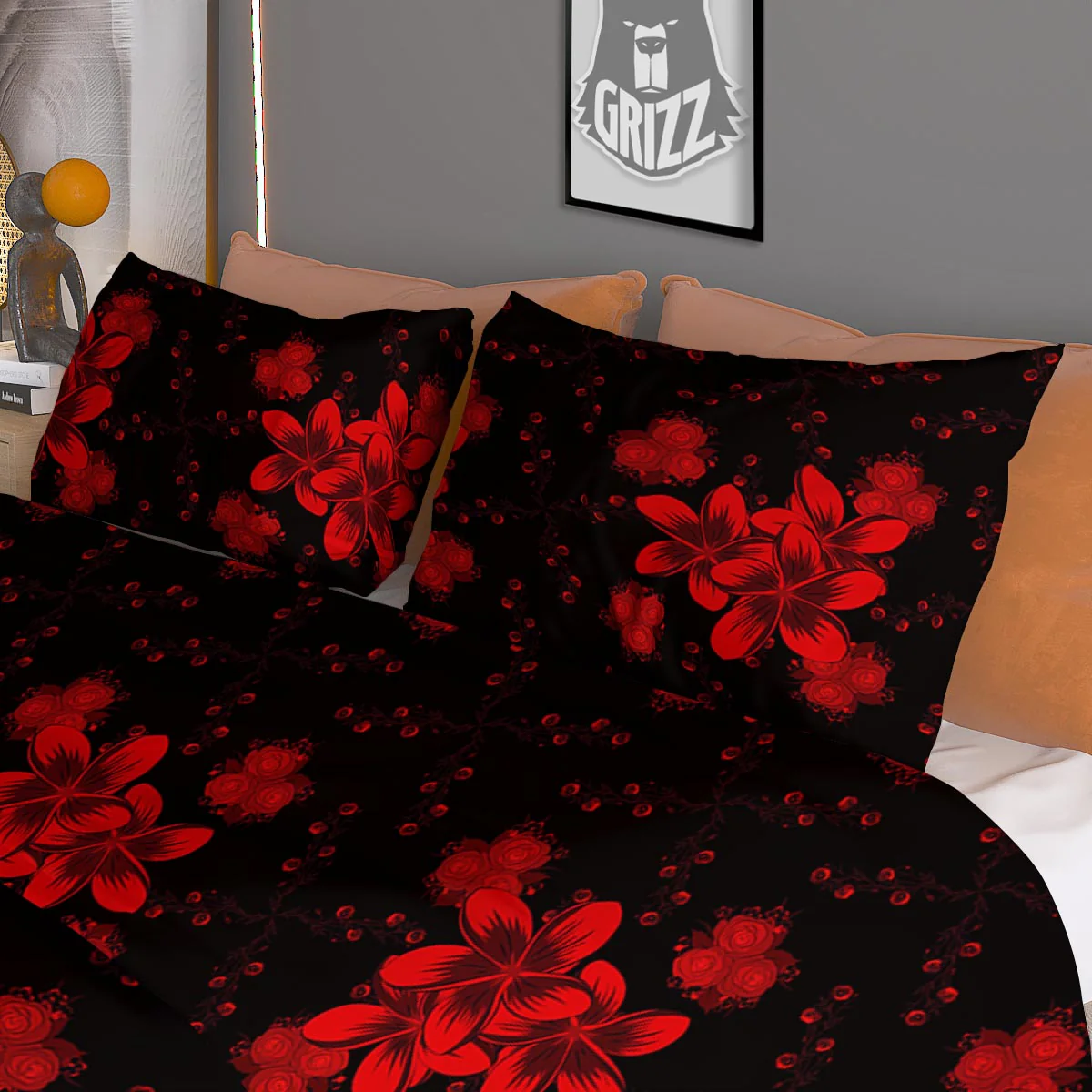 Frangipani Black And Red Print Pattern Duvet Cover Bedding Set - Image 3