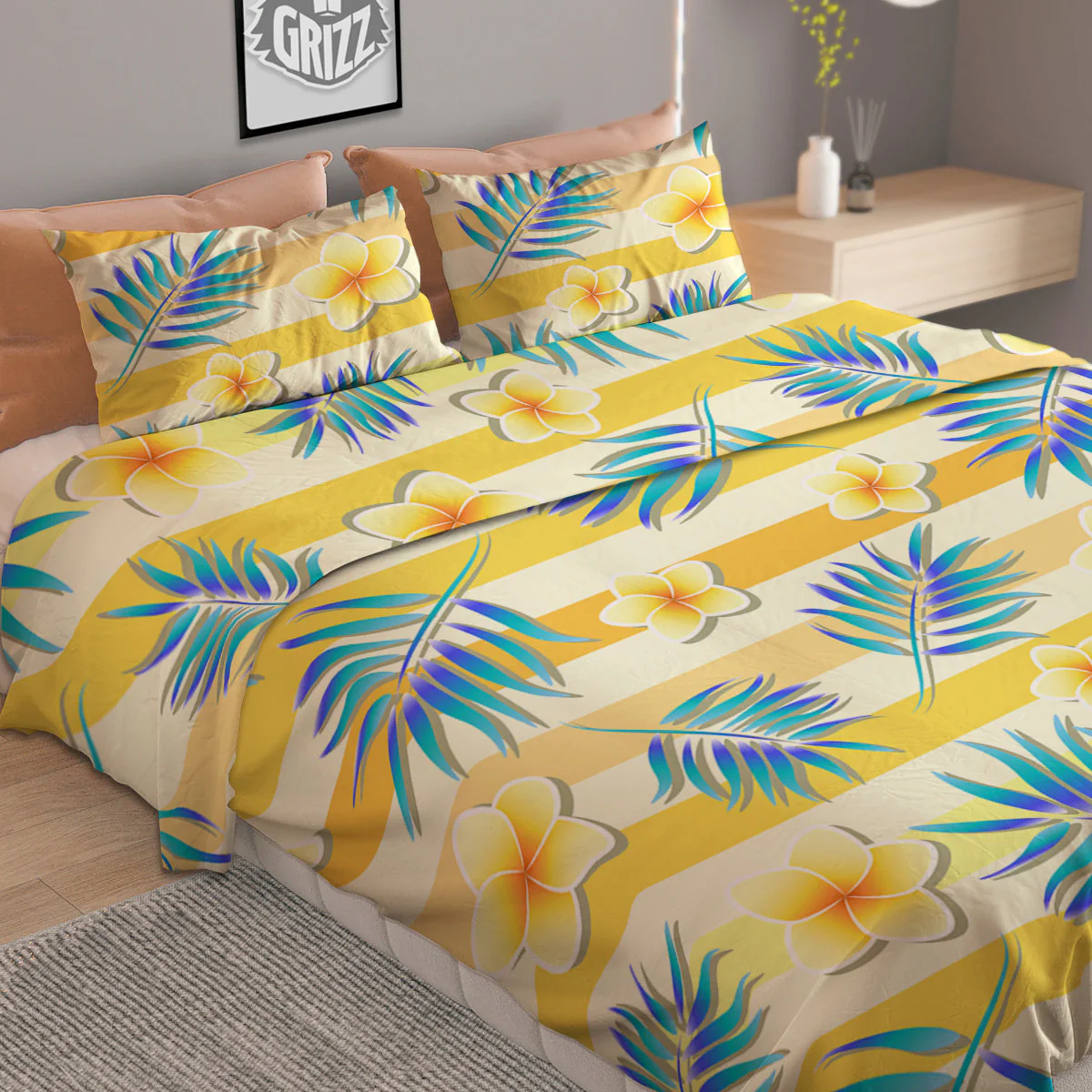 Frangipani Yellow Print Pattern Duvet Cover Bedding Set - Image 2