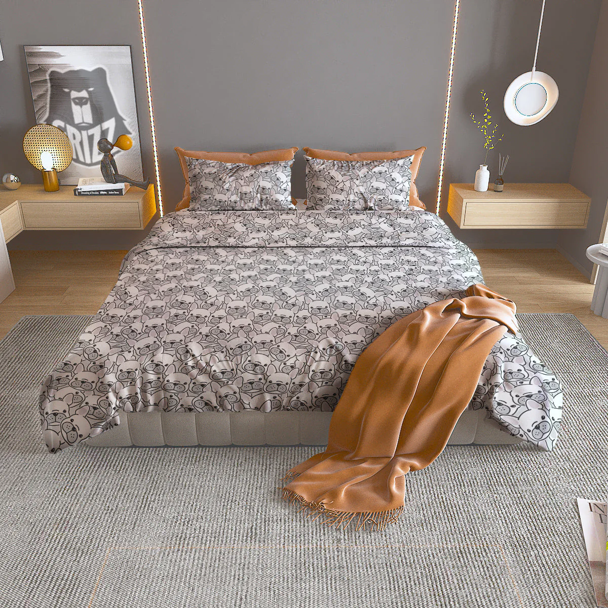 French Bulldog Cartoon Print Pattern Duvet Cover Bedding Set