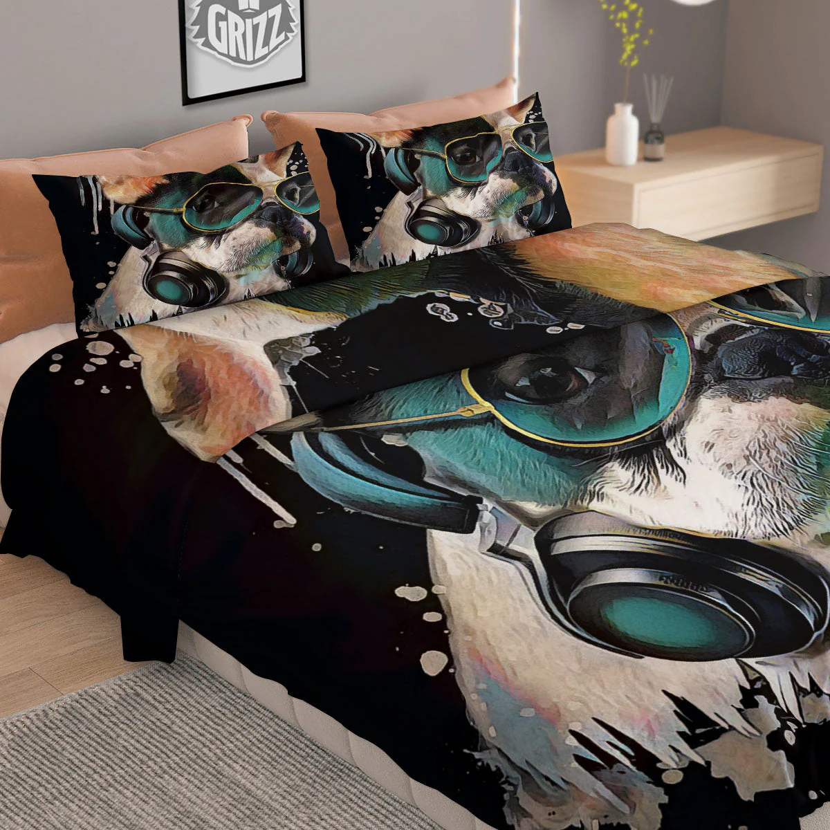 French Bulldog Puppy Watercolor Print Duvet Cover Bedding Set - Image 2