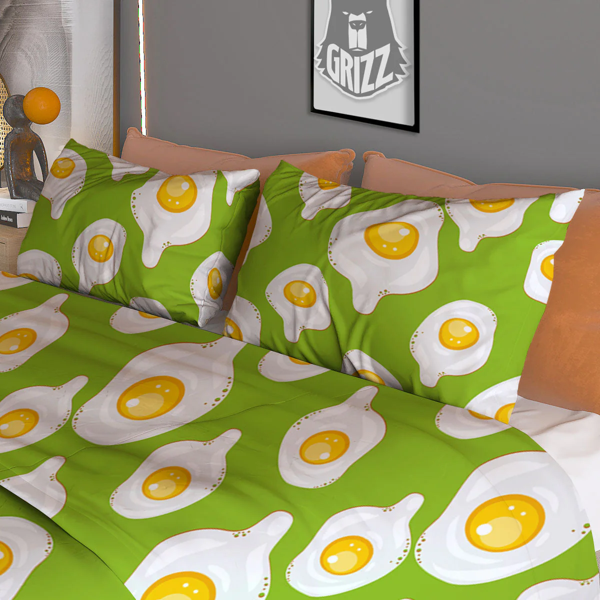 Fried Eggs Lime Green Print Pattern Duvet Cover Bedding Set - Image 3