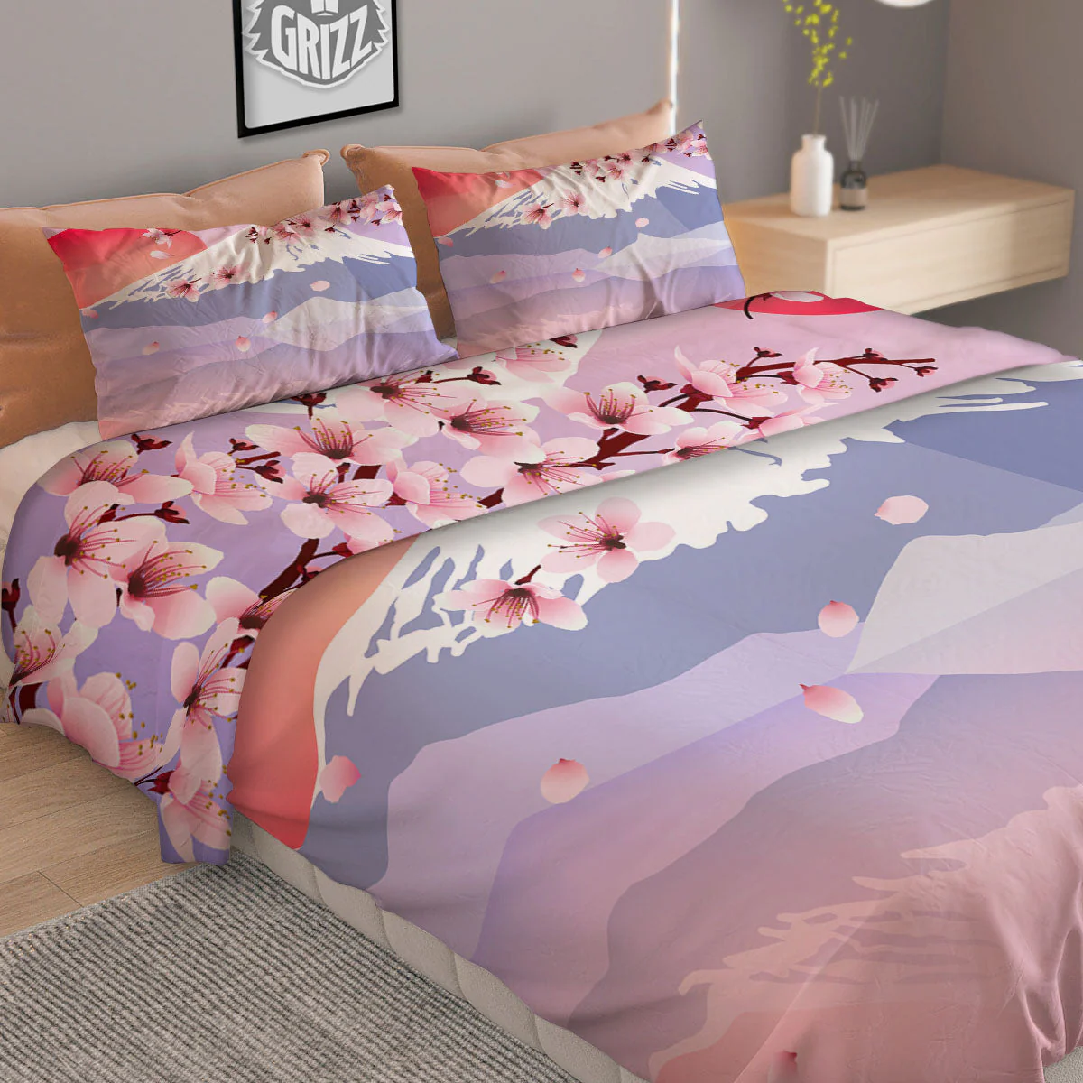 Fuji Mount And Cherry Blossom Print Duvet Cover Bedding Set - Image 2