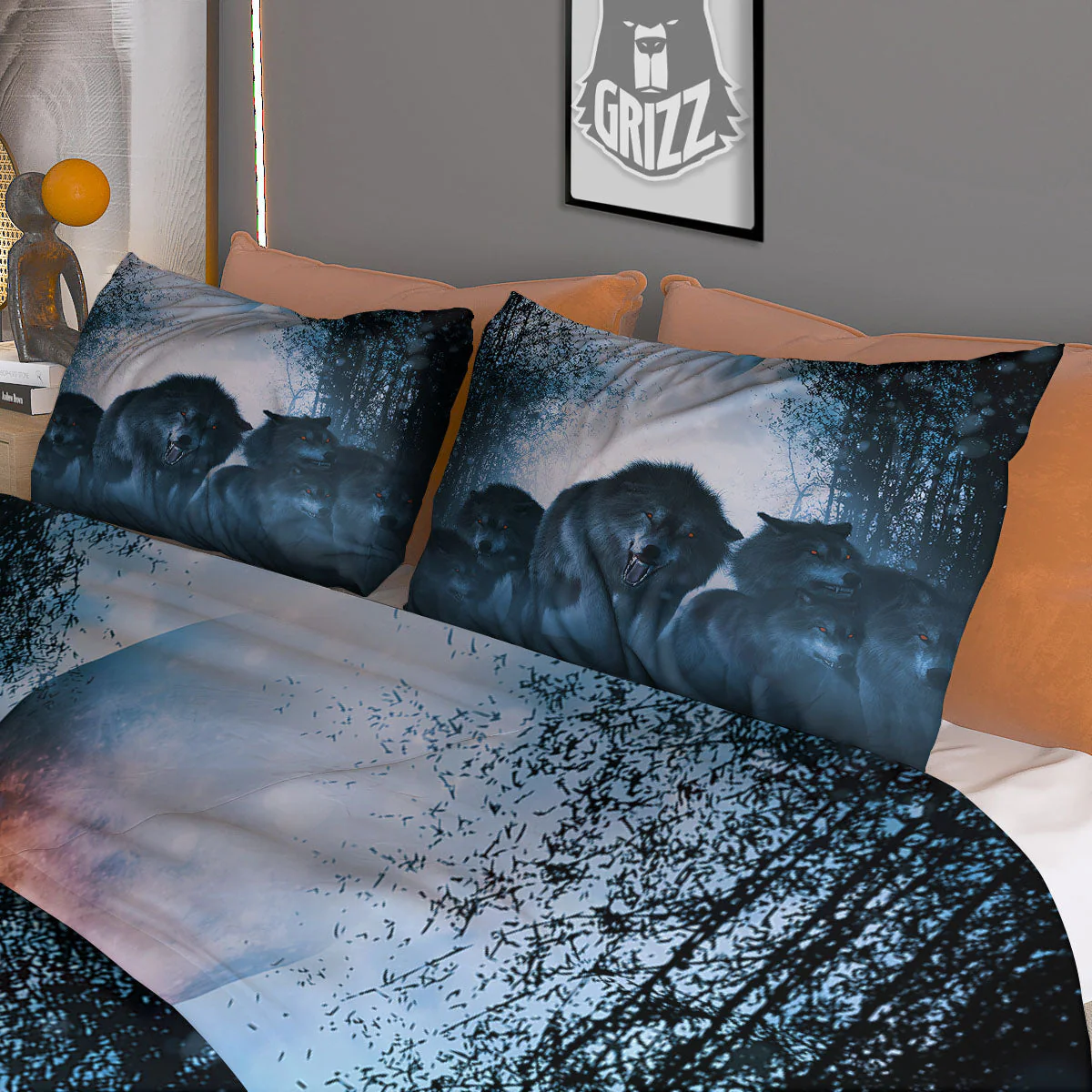 Full Moon And Wolf In The Forest Print Duvet Cover Bedding Set - Image 3