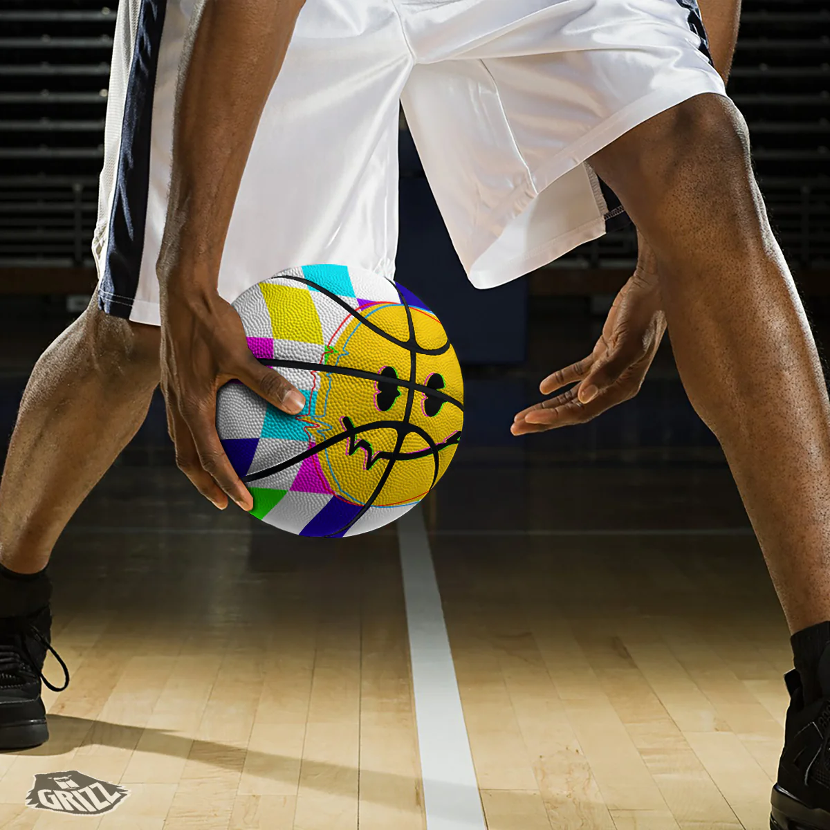 Funny Crazy Glitch And Checkered Neon Print Basketball - Image 3