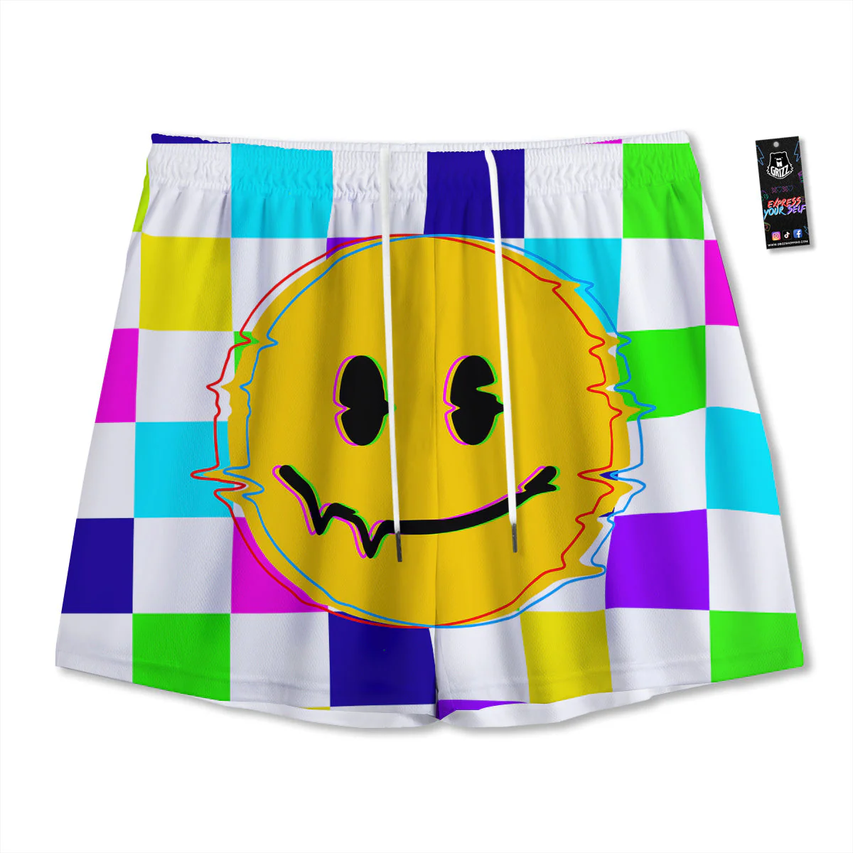 Funny Crazy Glitch And Checkered Neon Print Mesh Shorts