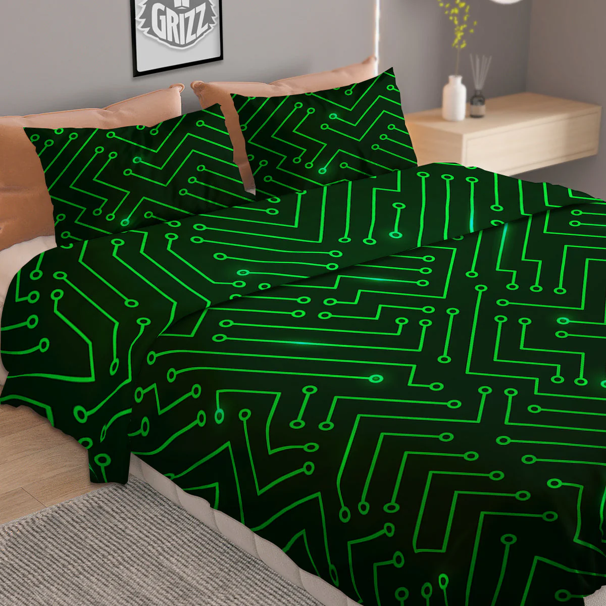 Futuristic Green Circuit Board Print Duvet Cover Bedding Set - Image 2