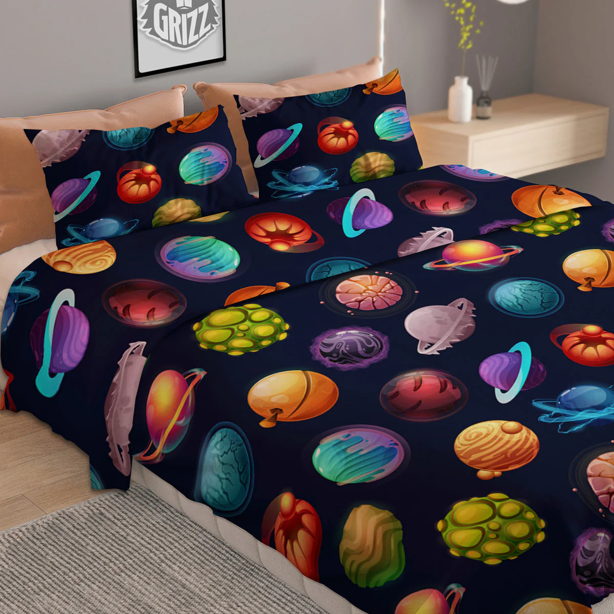 Futuristic Planets And Stars Colorful Print Pattern Duvet Cover Bedding Set - Image 2