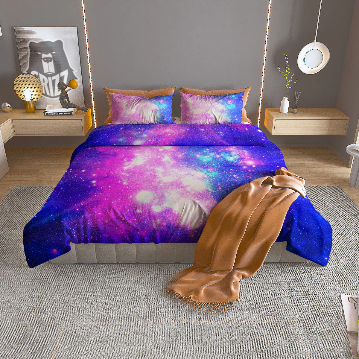 Galaxy Space Purple Bursting Print Duvet Cover Bedding Set
