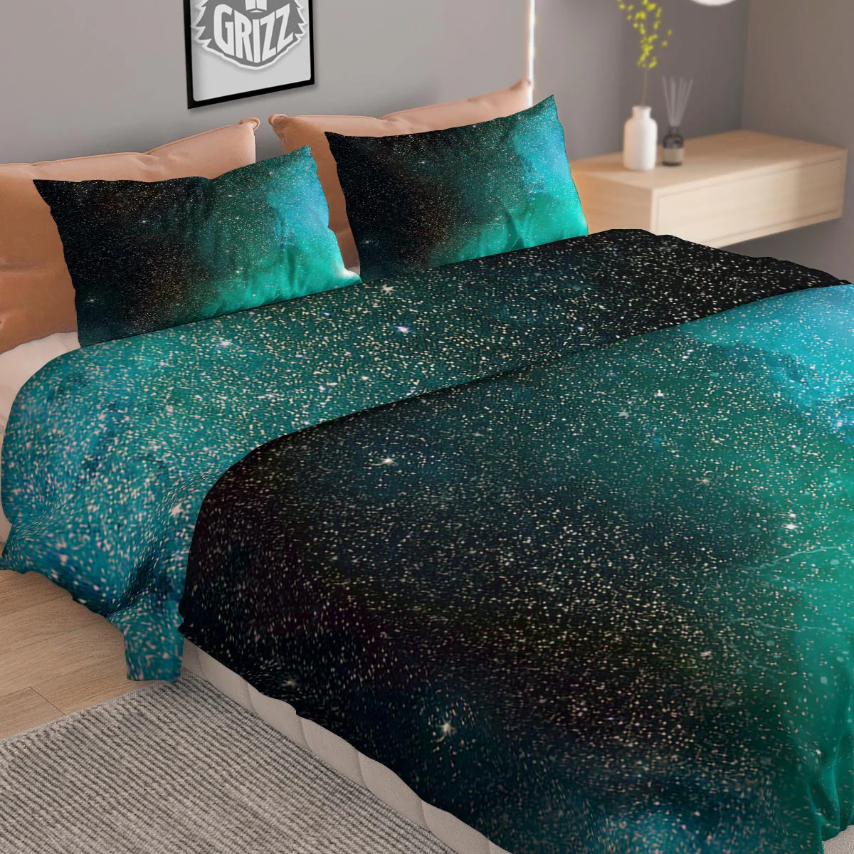 Galaxy Space Teal Stardust Print Duvet Cover Bedding Set - Image 2