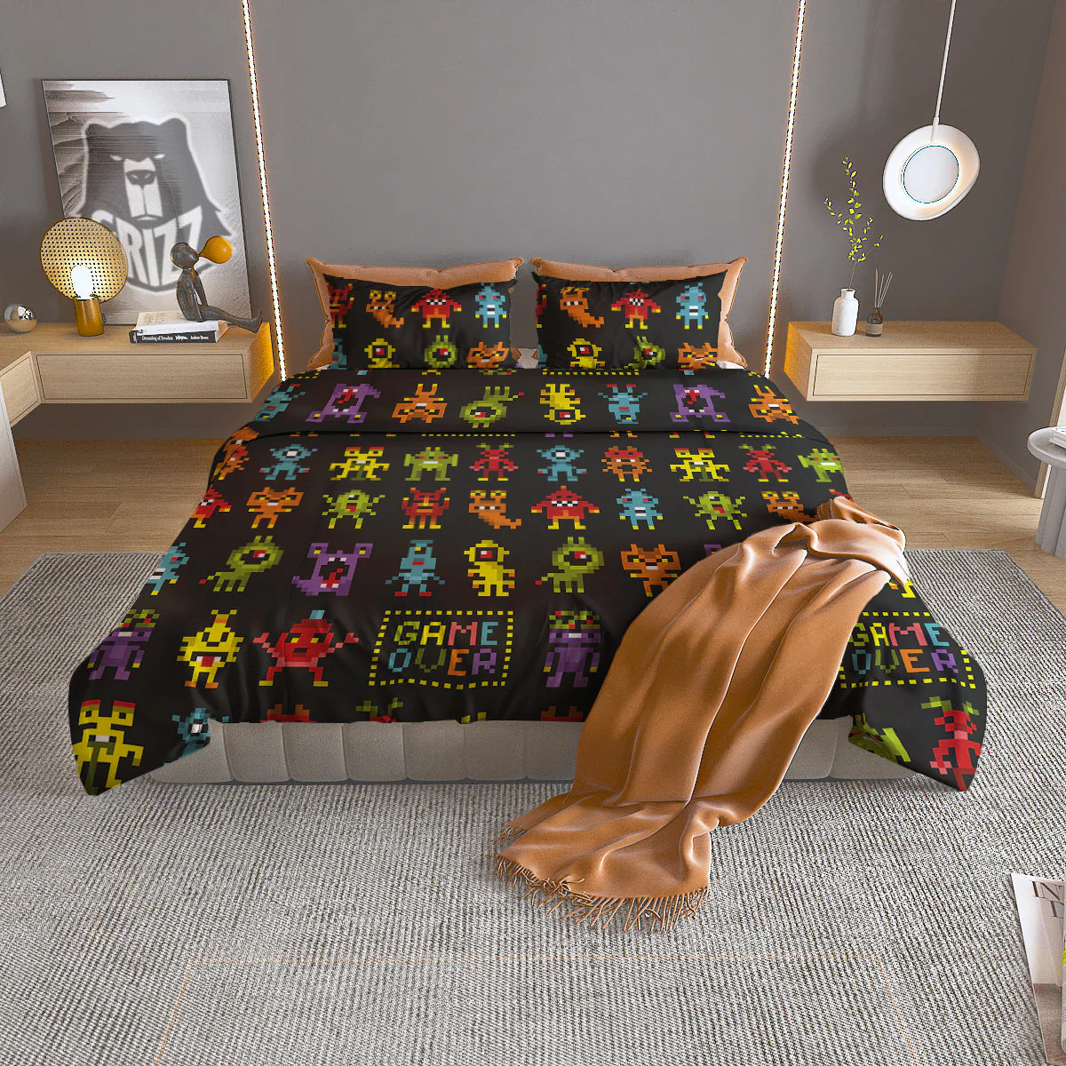 Game Monsters 8-Bit Video Print Pattern Duvet Cover Bedding Set