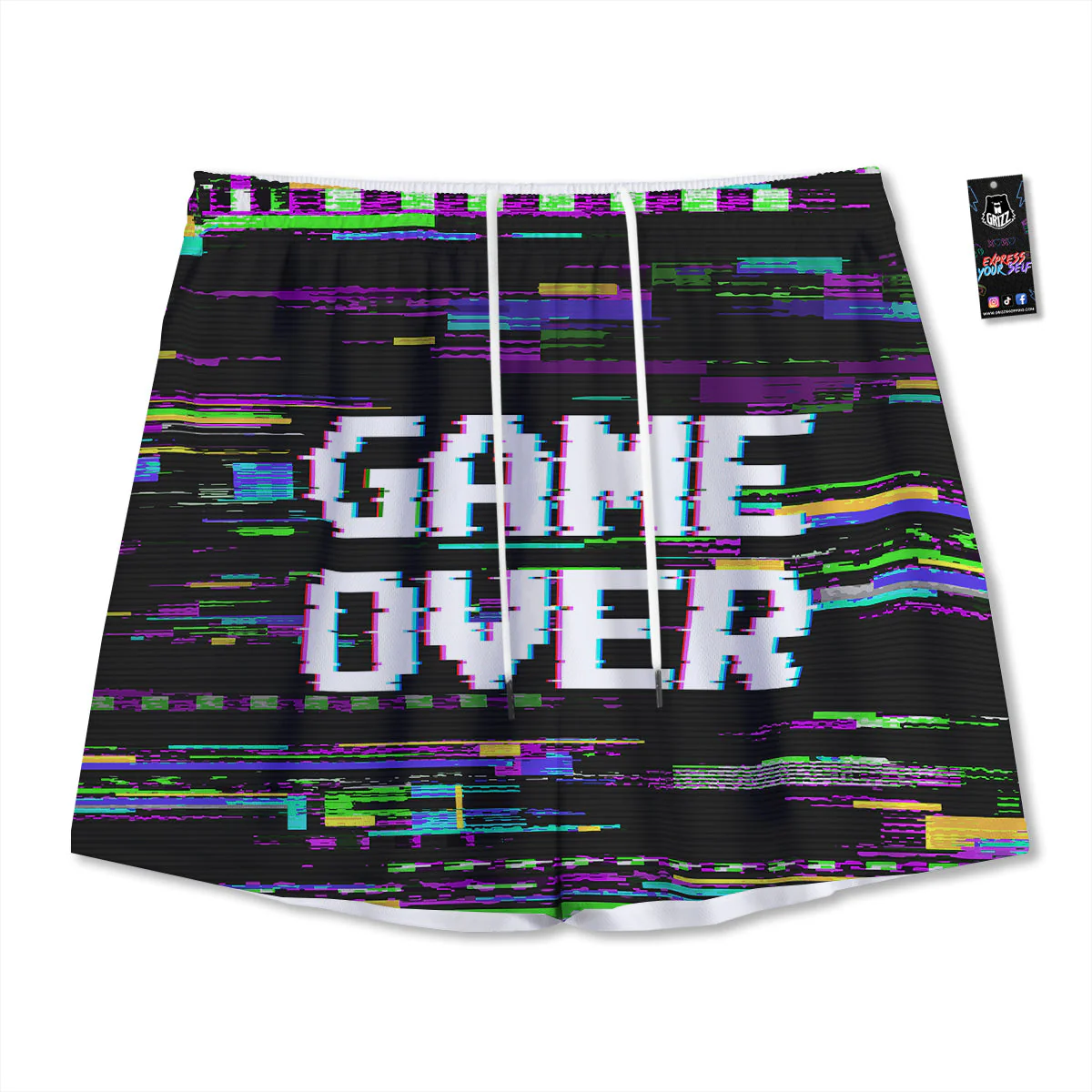 Game Over Text Glitch Effect Print Mesh Shorts