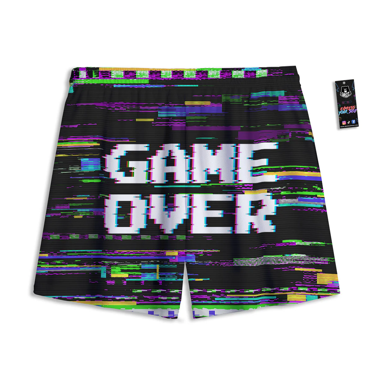 Game Over Text Glitch Effect Print Mesh Shorts - Image 2