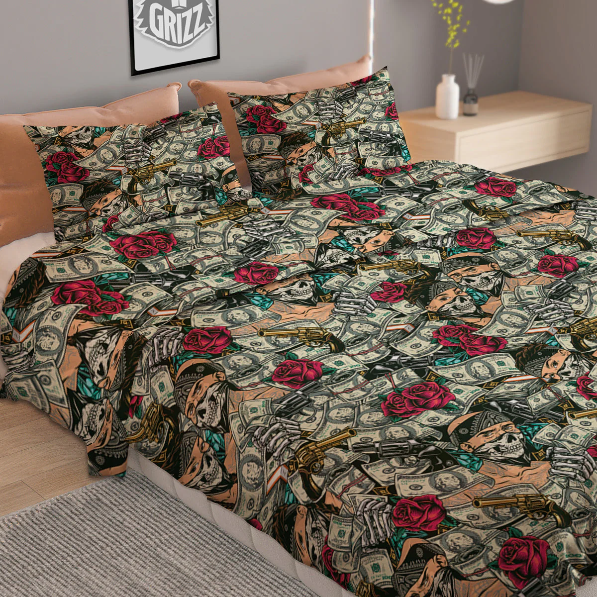 Gang Gun And Money Vintage Print Pattern Duvet Cover Bedding Set - Image 2