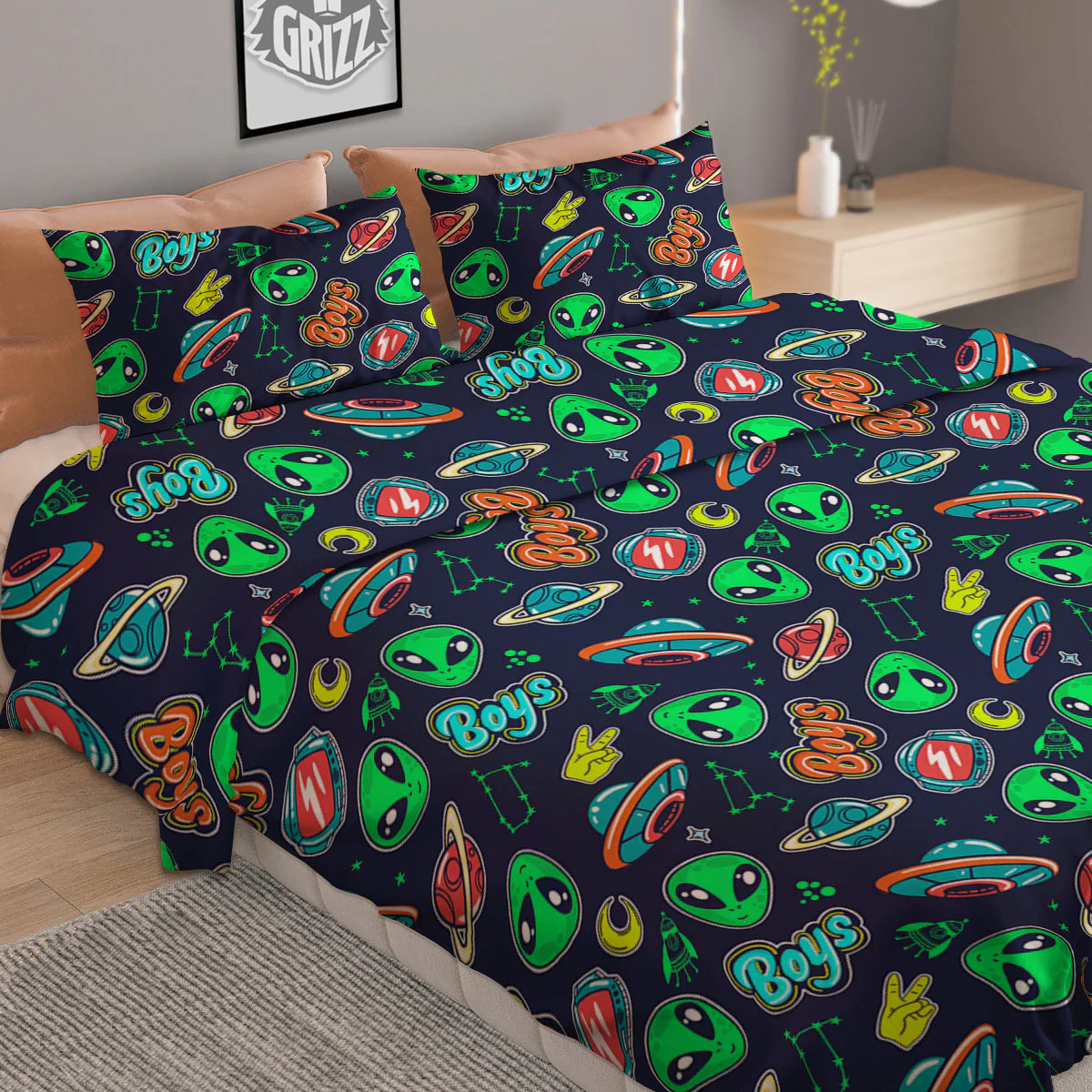 Geen Alien Ufo In Space Print Pattern Duvet Cover Bedding Set - Image 2