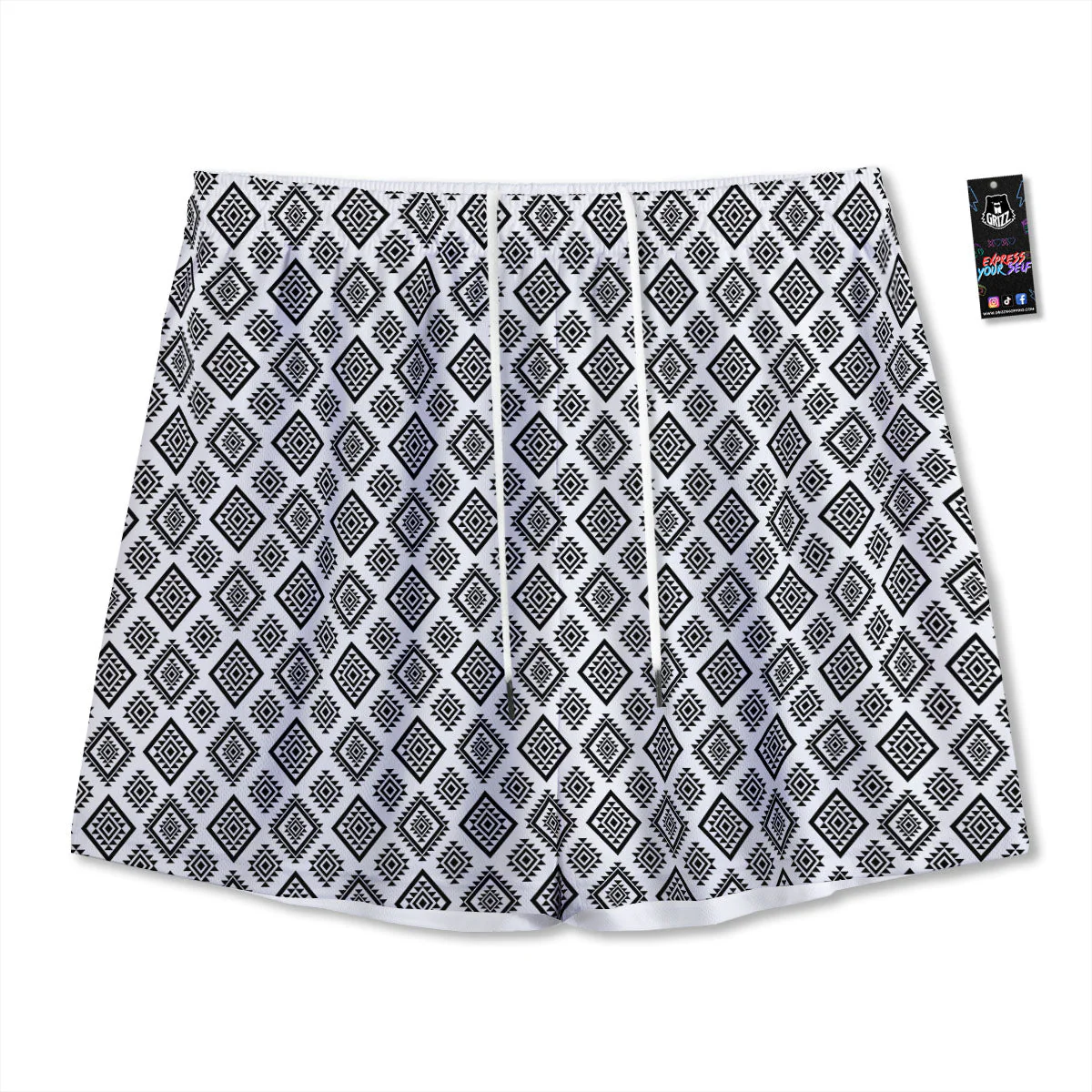 Geometric African White And Black Print Mesh Shorts