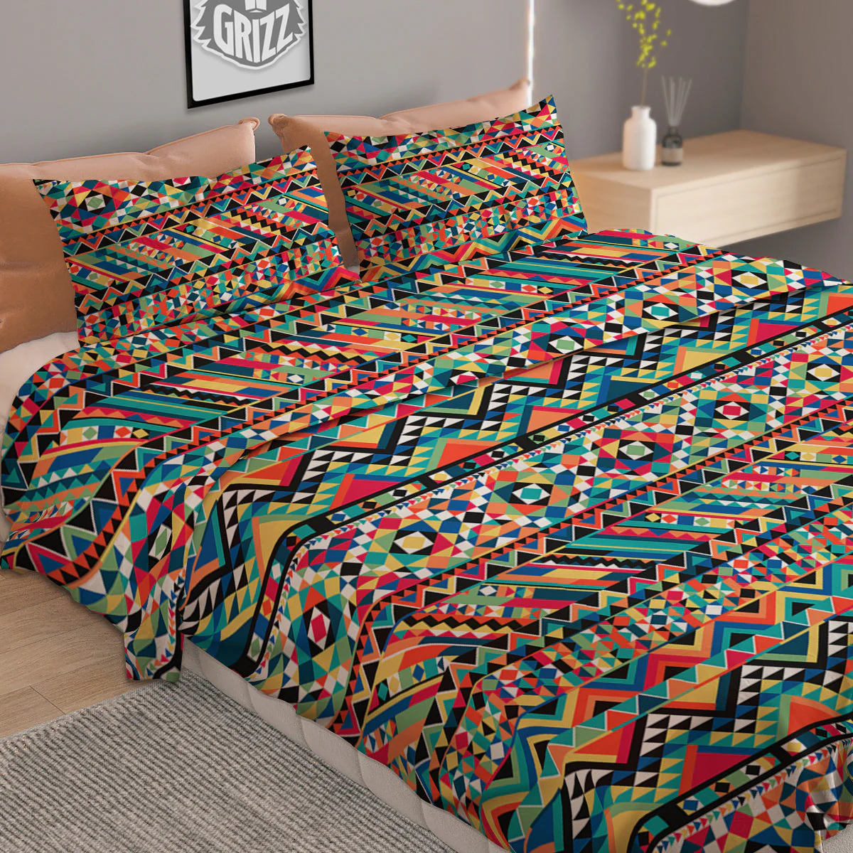 Geometric Aztec Colorful Print Pattern Duvet Cover Bedding Set - Image 2