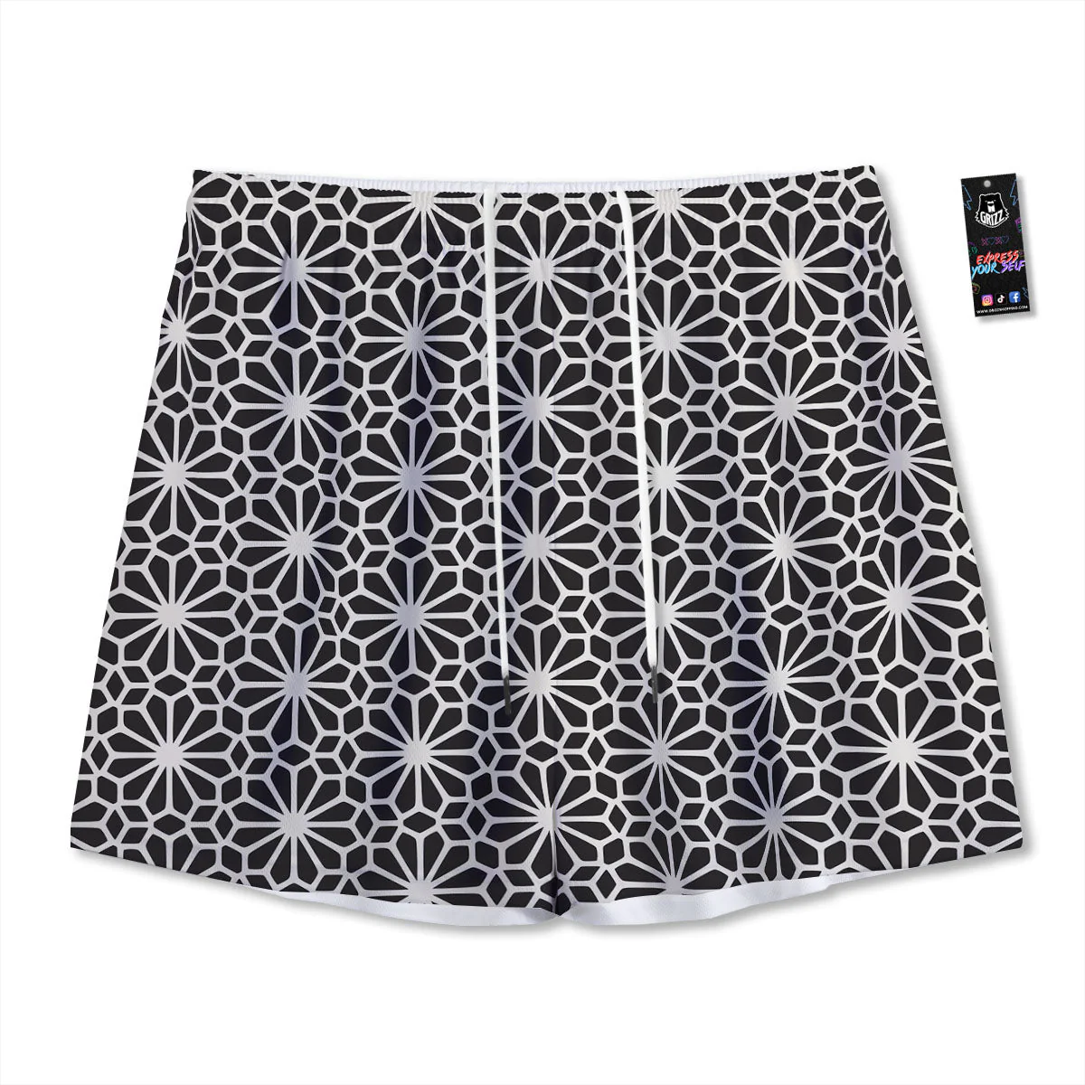 Geometric Floral White And Black Print Mesh Shorts