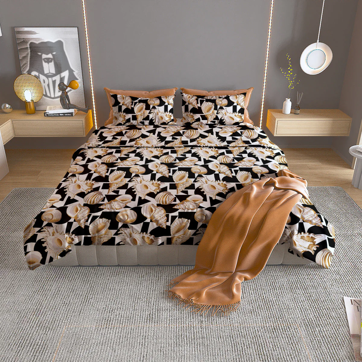 Geometric Gold Sea Shell Print Pattern Duvet Cover Bedding Set
