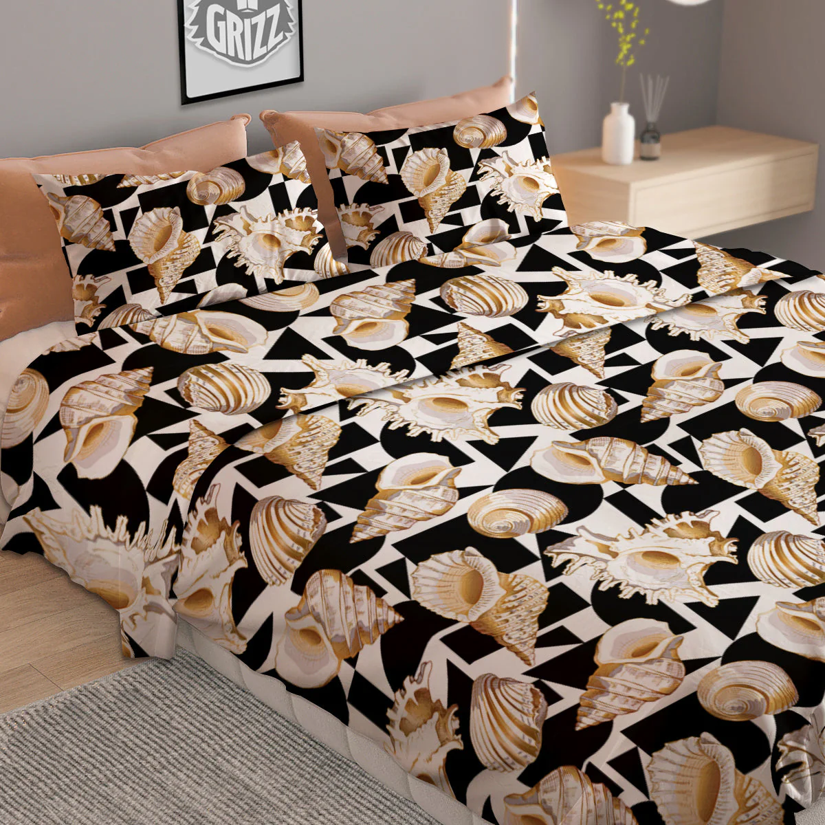 Geometric Gold Sea Shell Print Pattern Duvet Cover Bedding Set - Image 2