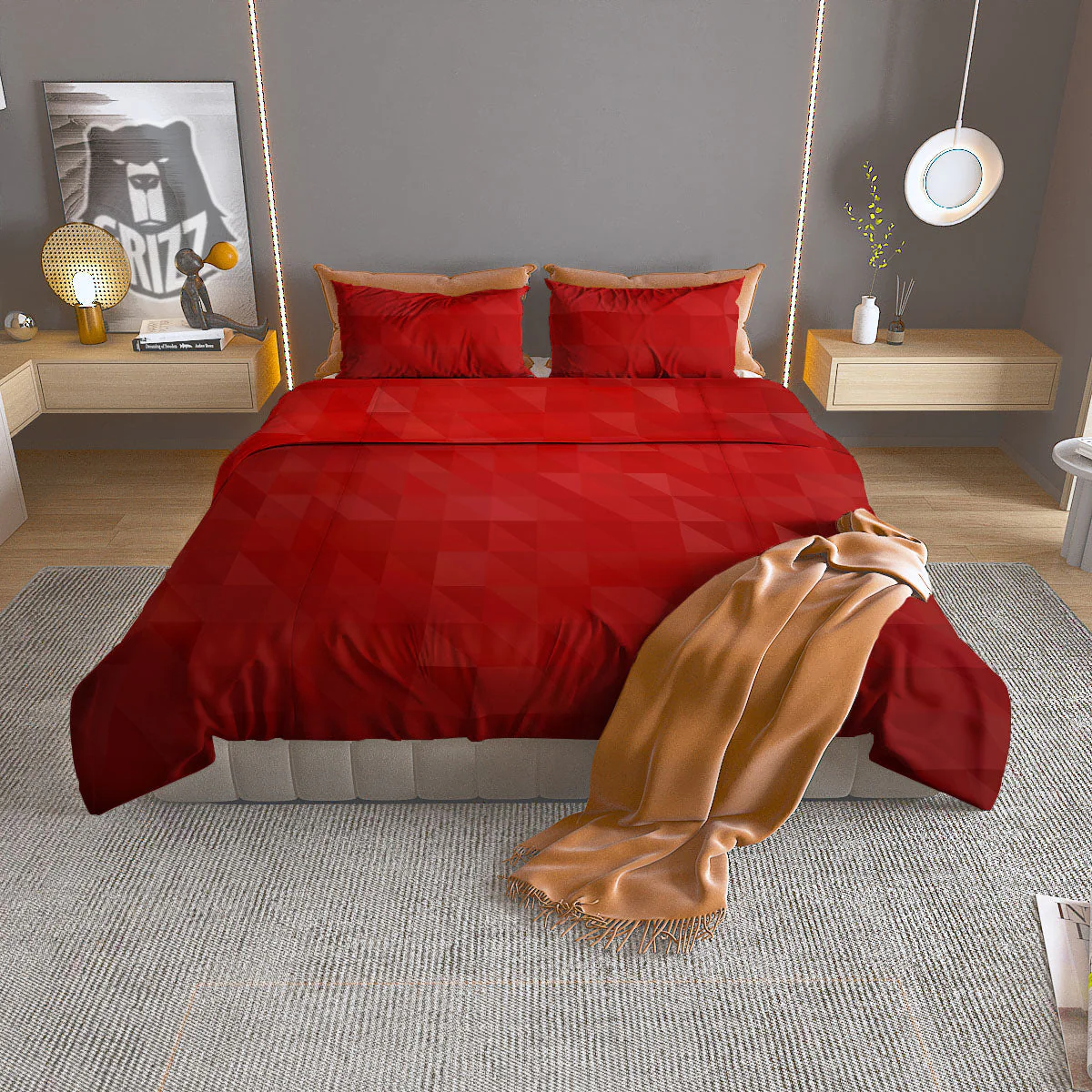 Geometric Red Polygonal Print Duvet Cover Bedding Set