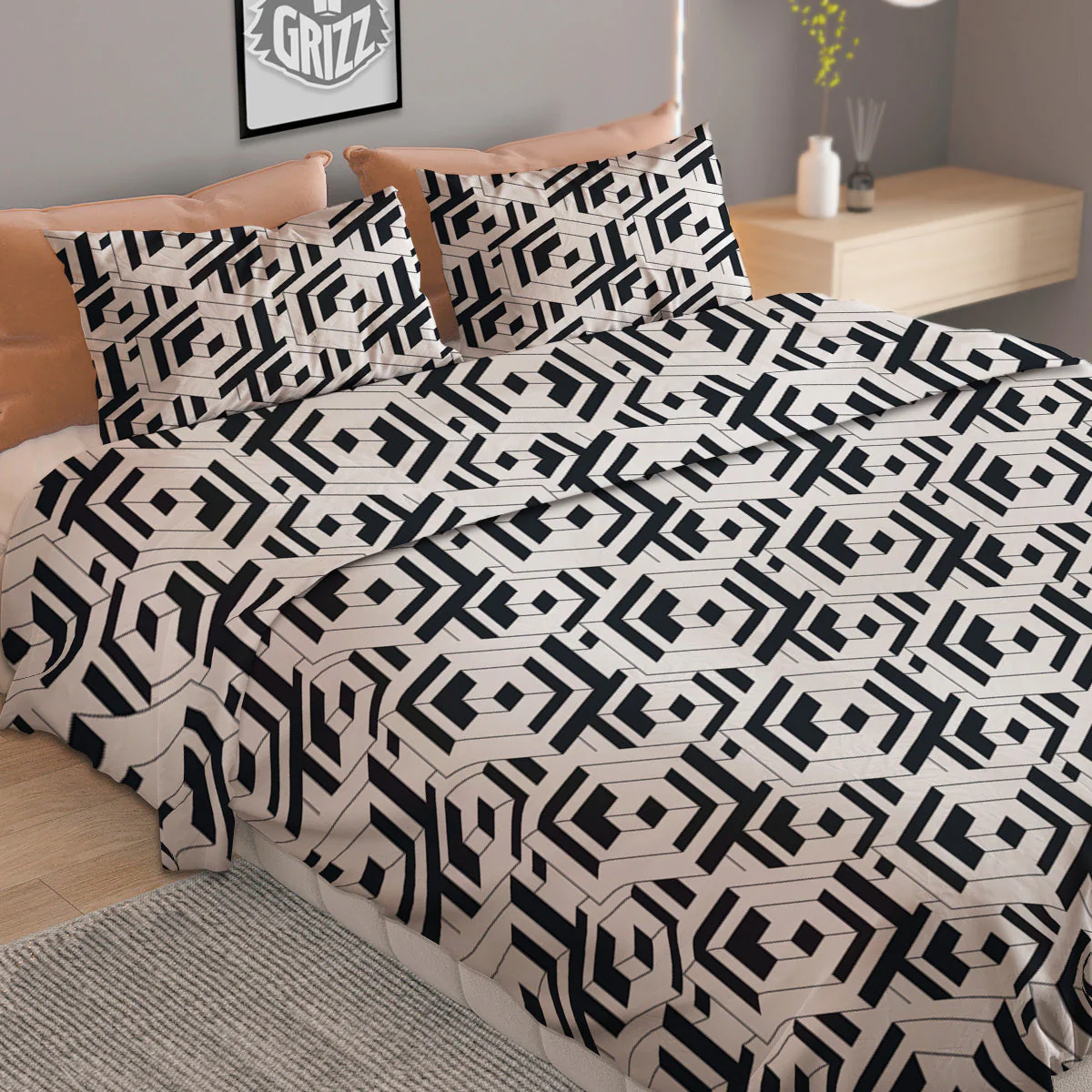 Geometric Simple Black And White Print Pattern Duvet Cover Bedding Set - Image 2