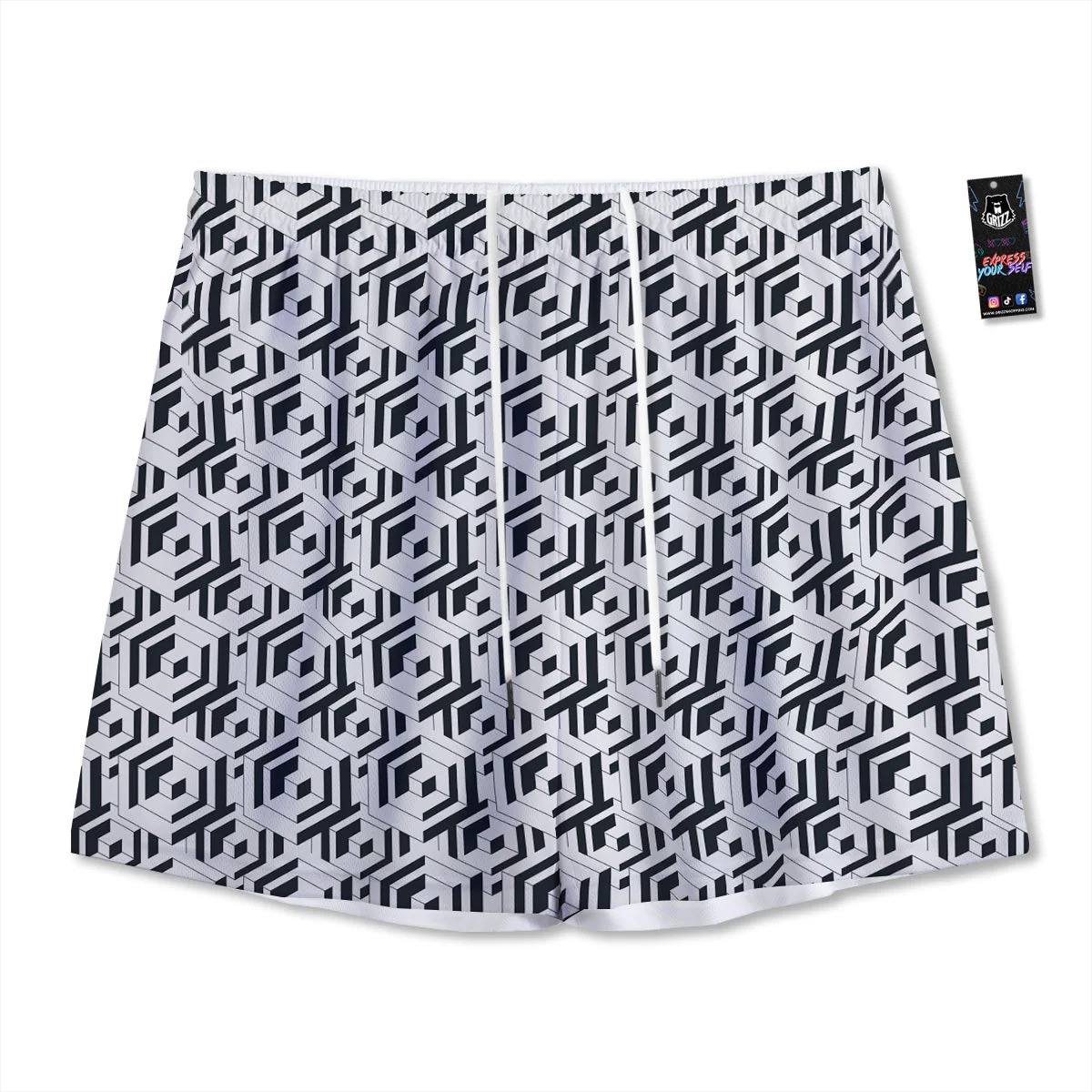 Geometric Simple Black And White Print Pattern Mesh Shorts