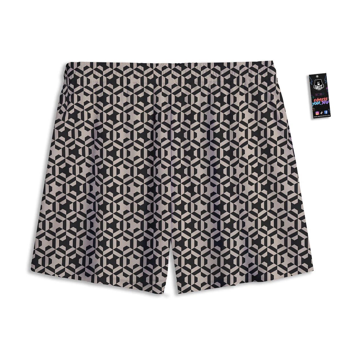 Geometric Triangle Beige And Black Print Mesh Shorts - Image 2