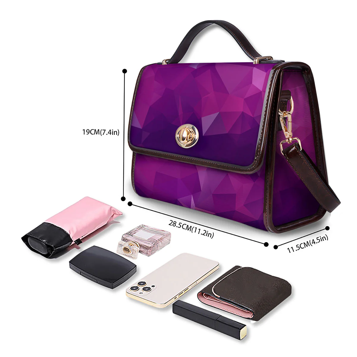 Geometric Violet Polygonal Print Women's Satchel Bag - Image 4