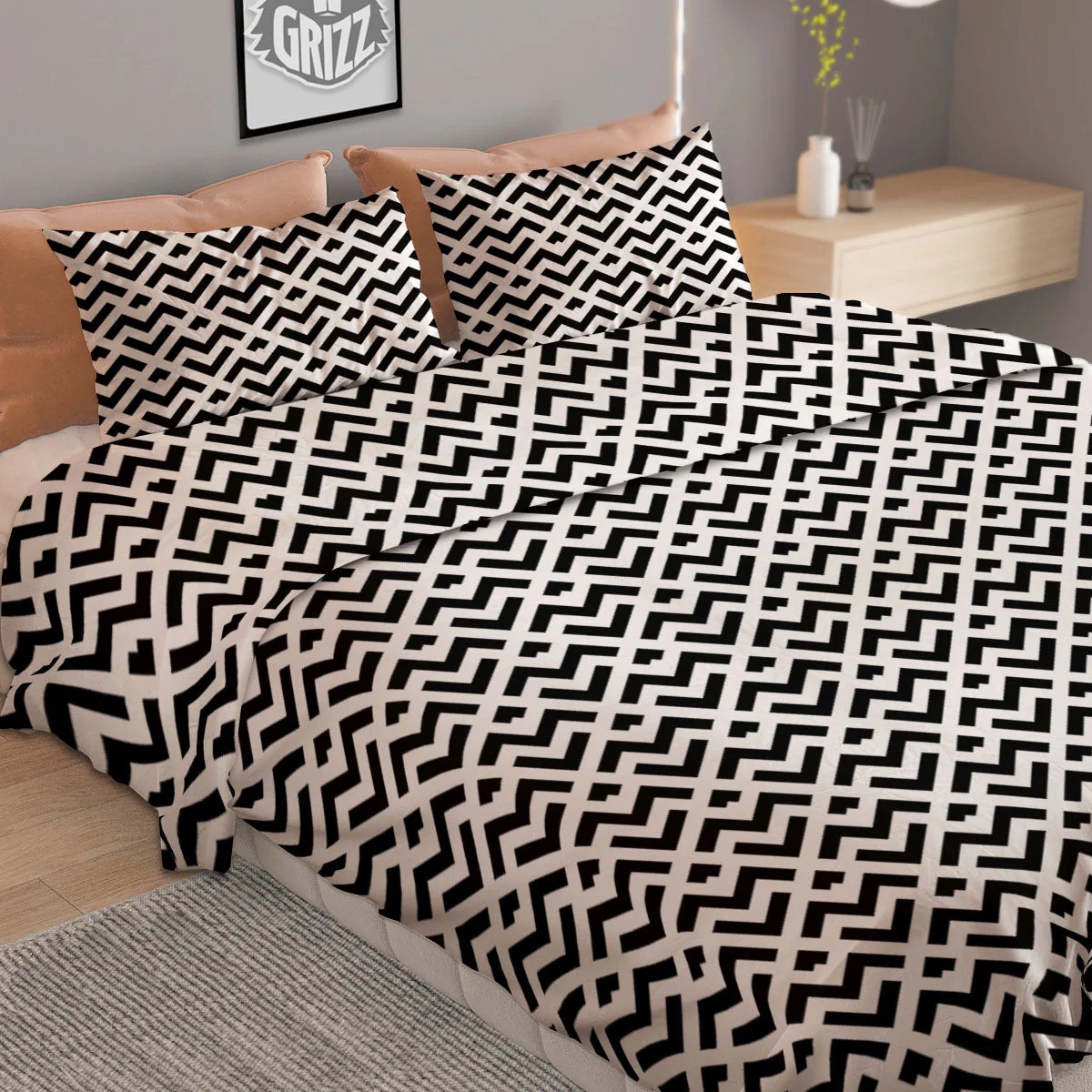 Geometric White And Black Print Pattern Duvet Cover Bedding Set - Image 2