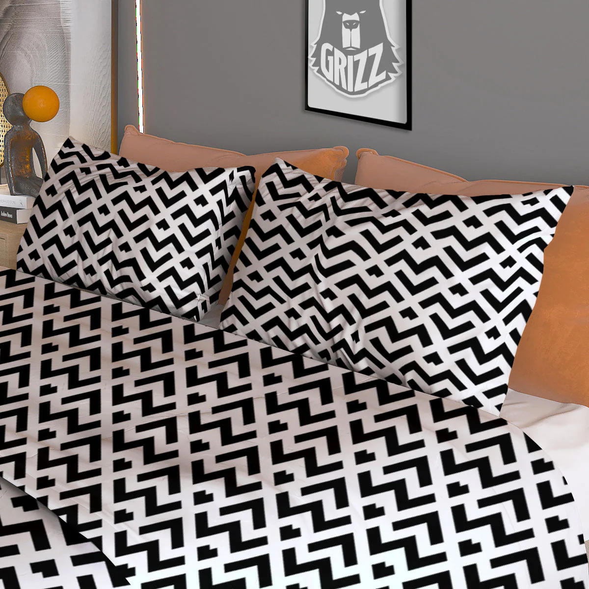 Geometric White And Black Print Pattern Duvet Cover Bedding Set - Image 3