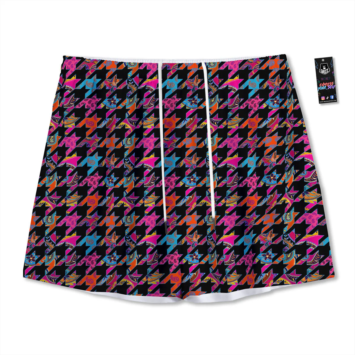 Geometrical Houndstooth And Paisley Print Pattern Mesh Shorts