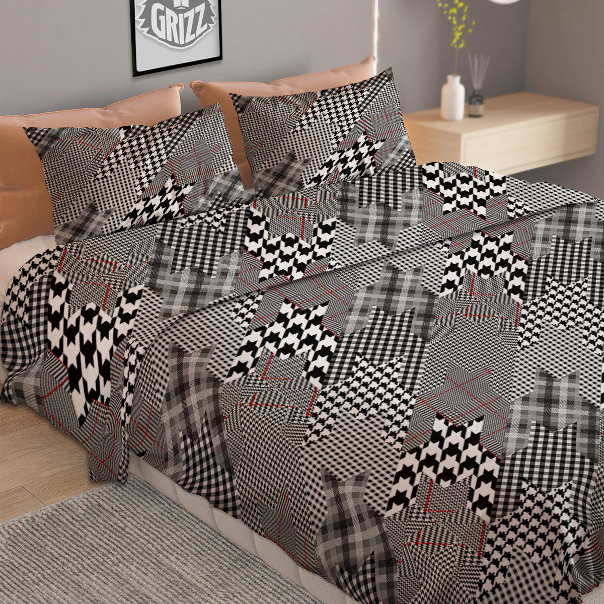Geometrical Houndstooth Patchwork Print Pattern Duvet Cover Bedding Set - Image 2