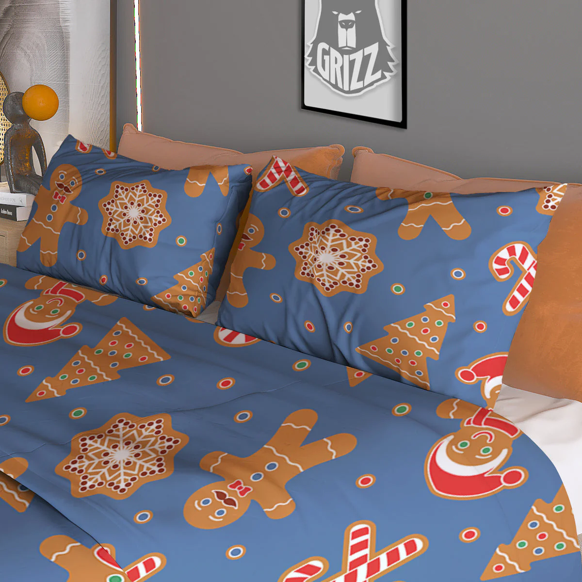 Gingerbread Man Xmas Print Pattern Duvet Cover Bedding Set - Image 3