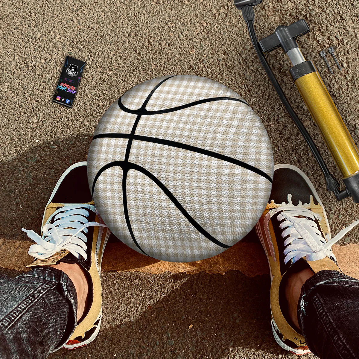 Gingham White And Beige Print Pattern Basketball - Image 2