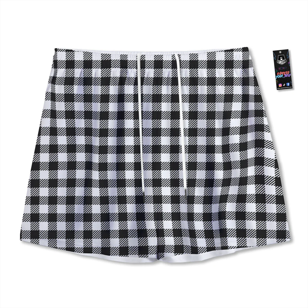 Gingham White And Black Print Pattern Mesh Shorts