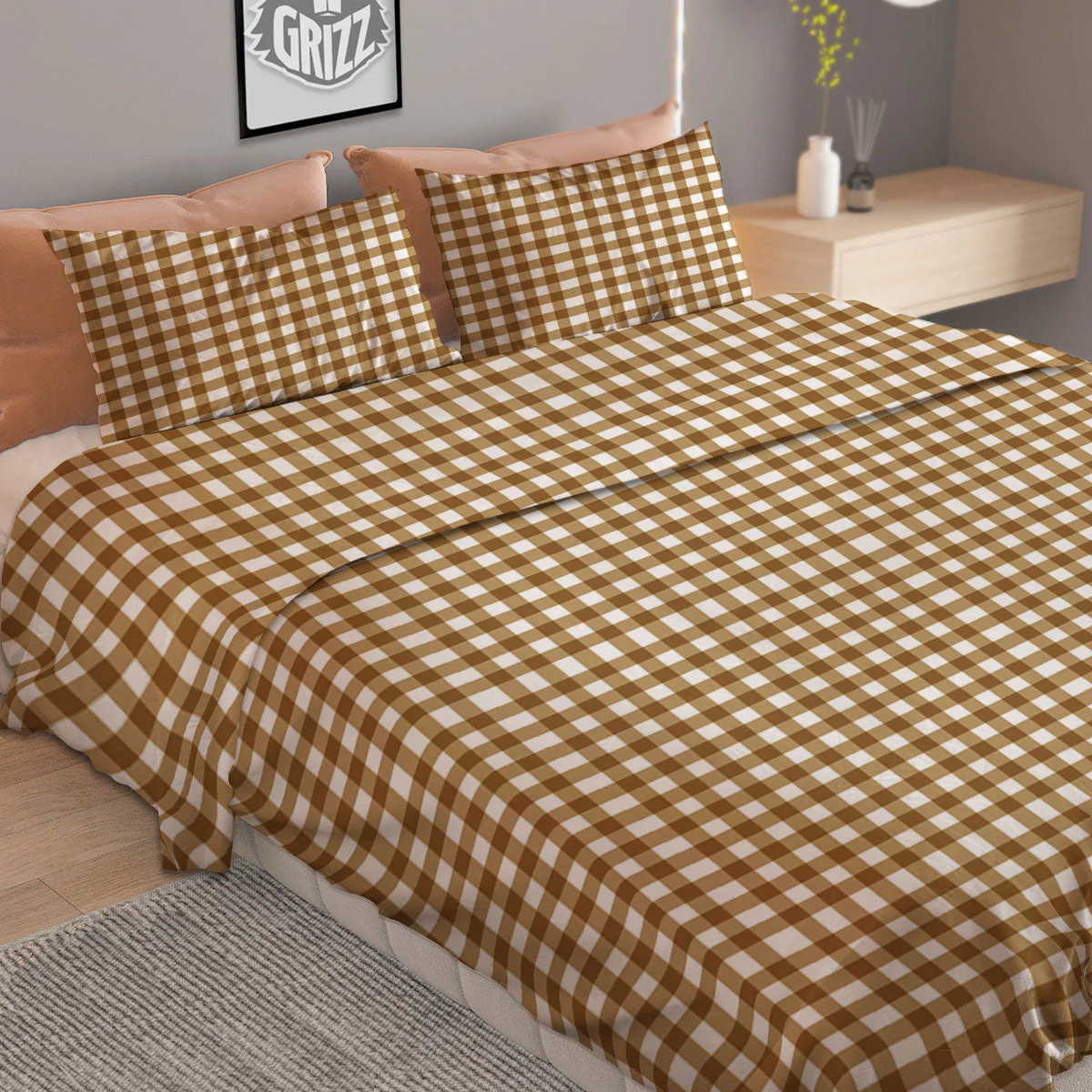 Gingham White And Brown Print Pattern Duvet Cover Bedding Set - Image 2