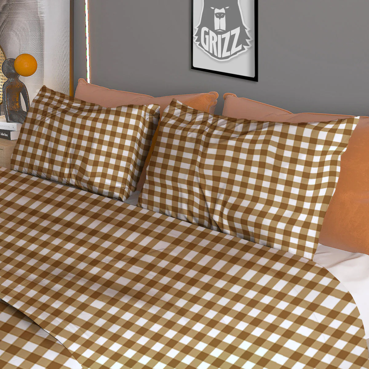 Gingham White And Brown Print Pattern Duvet Cover Bedding Set - Image 3