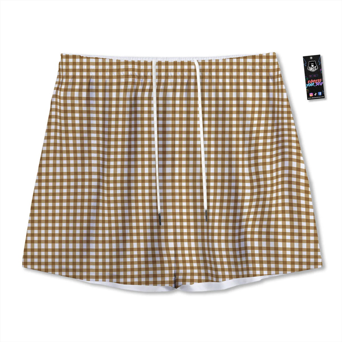 Gingham White And Brown Print Pattern Mesh Shorts