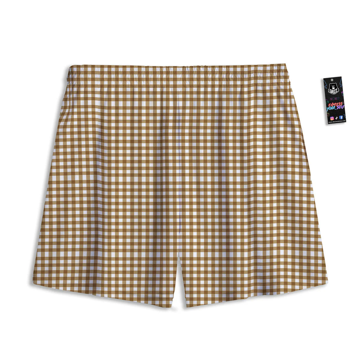 Gingham White And Brown Print Pattern Mesh Shorts - Image 2