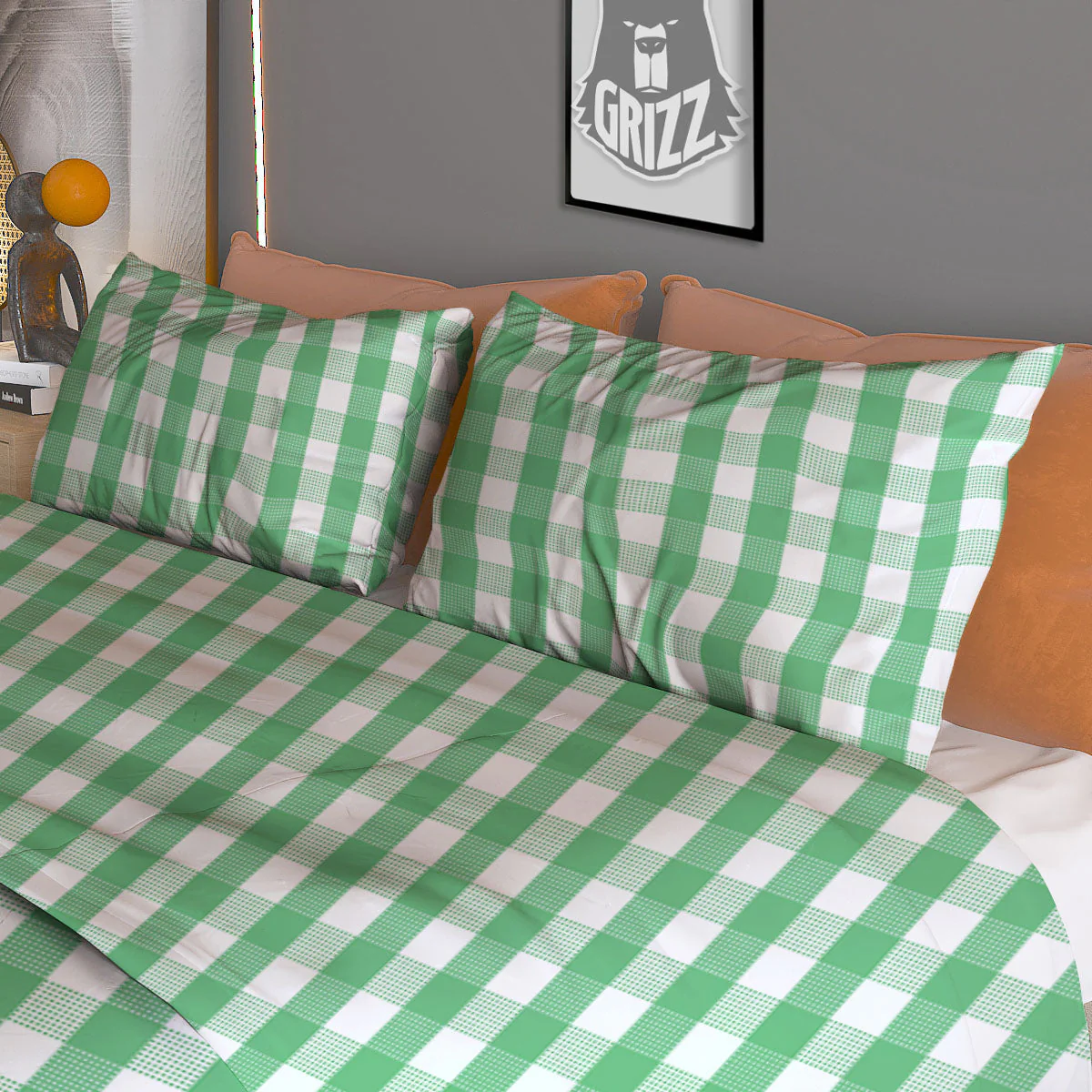 Gingham White And Green Print Pattern Duvet Cover Bedding Set - Image 3