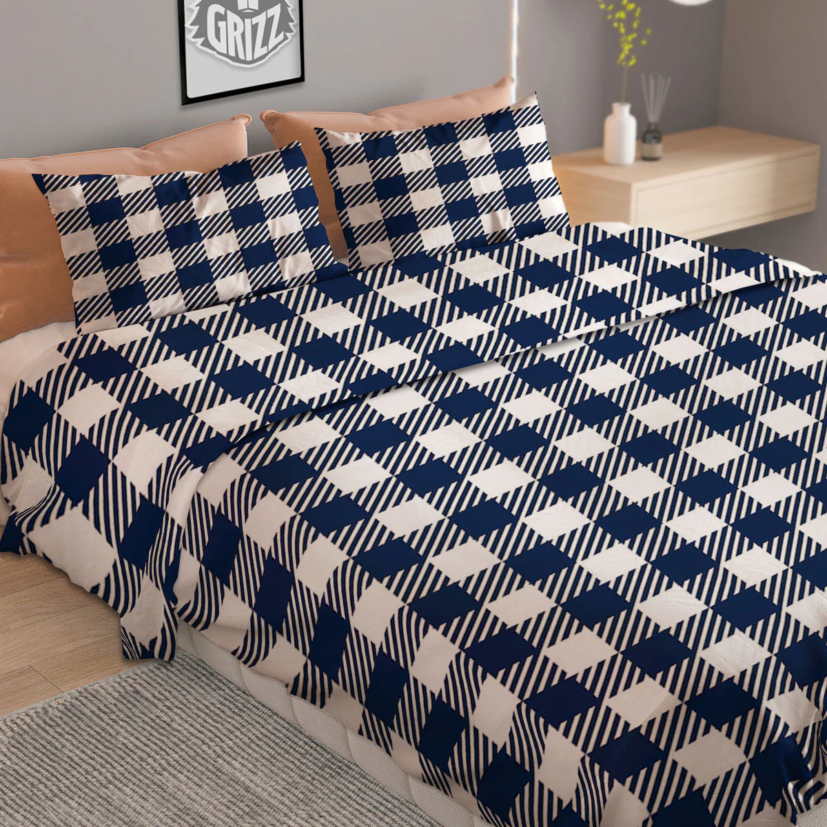 Gingham White And Navy Print Pattern Duvet Cover Bedding Set - Image 2