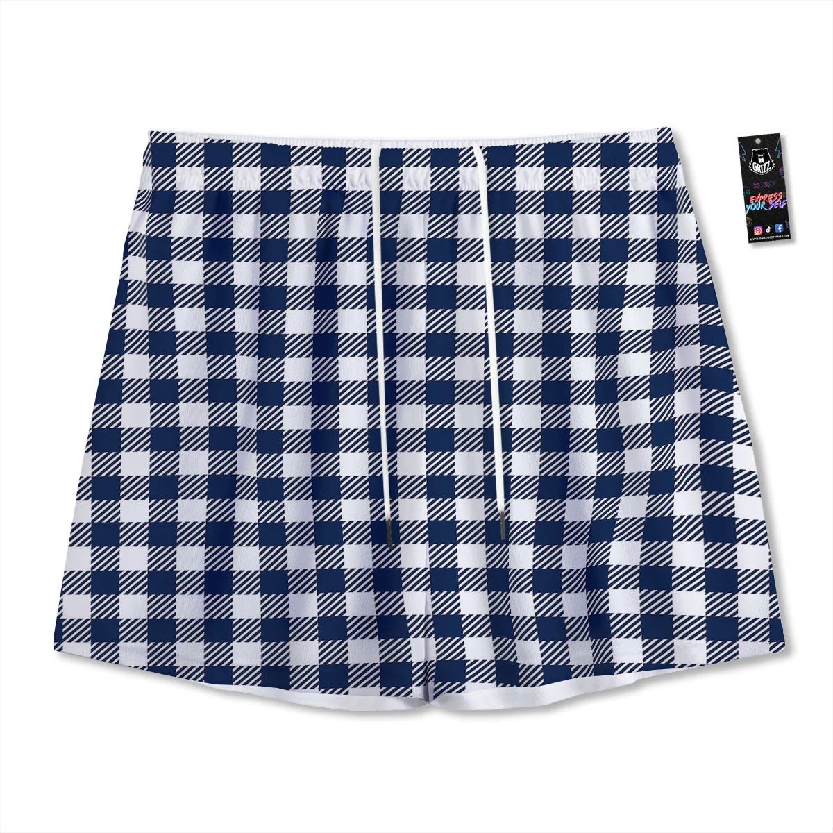 Gingham White And Navy Print Pattern Mesh Shorts